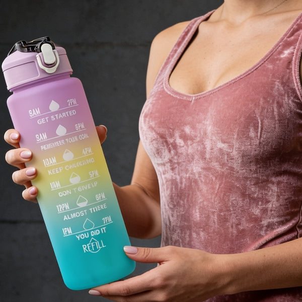 Motivational Gym Water Bottle with Time Marker & Straw
